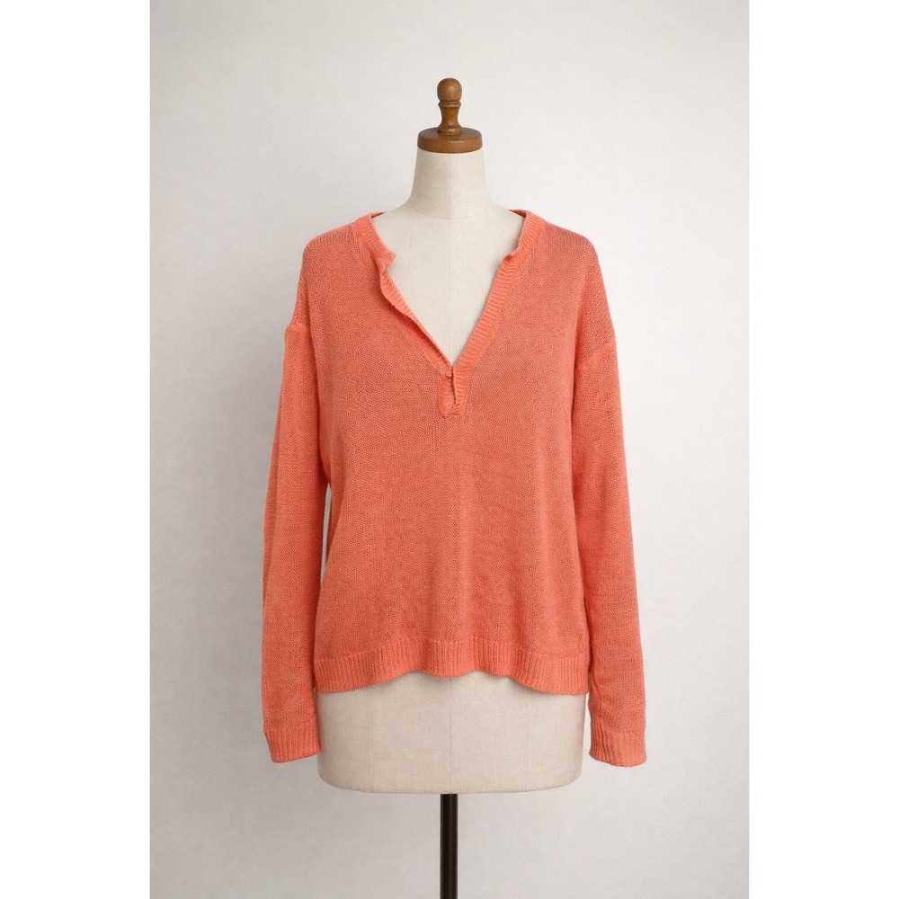 J Crew Sweater Womens XS Pink Orange Open Knit Cottage Coastal Beachy 100% Linen